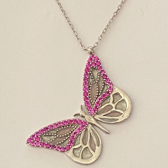 925 Silver butterfly necklace handmade enamel cz stone